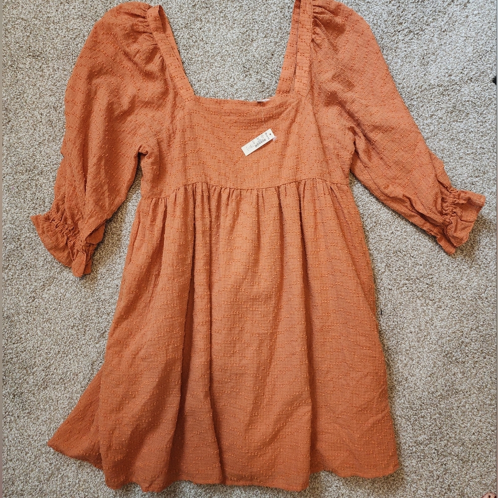 Madewell NWT Women's Mulled Cider Puff Sleeve Babydoll Cotton Orange Dress 10 - Picture 2 of 8